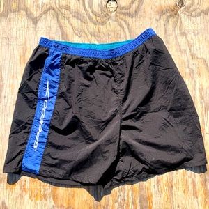 90s SPEEDO VINTAGE SHORTS LOGO EMBROIDERY BLUE BLACK ADJUSTABLE TRUNKS MENS XL